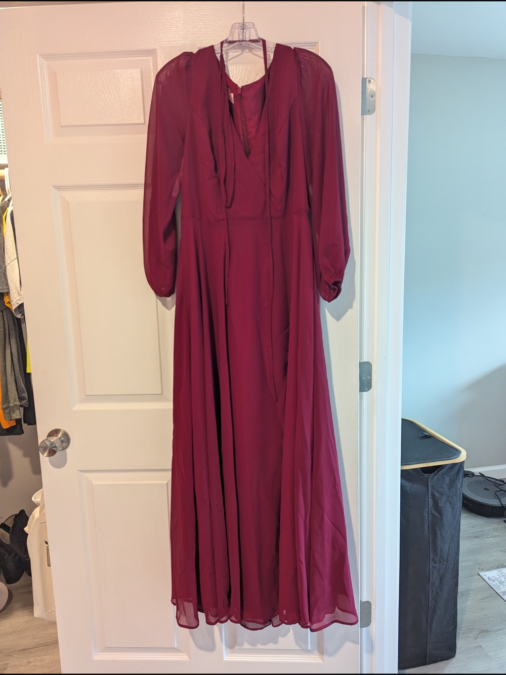 JJs House Wine Red Maxi Dress with Long Sheer Sleeves
